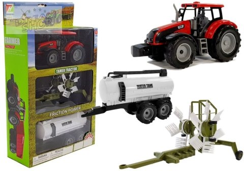 Traktor z Przyczepką, Zgrabiarką i Cysterną Czerwony Traktor z Przyczepką, Zgrabiarką i Cysterną Czerwony