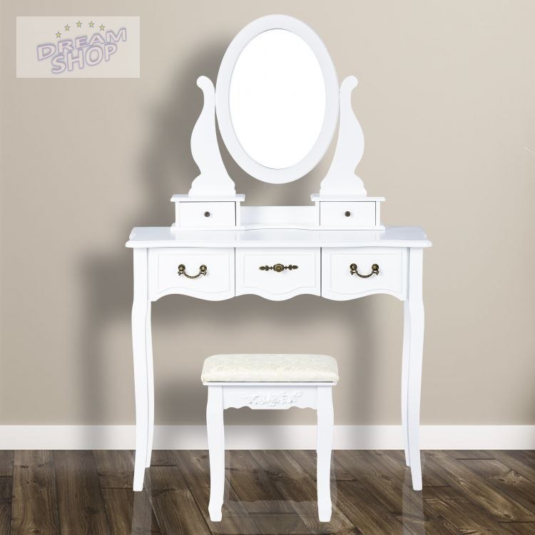 Toaletka kosmetyczna z lustrem i stołkiem ozdobne uchwyty