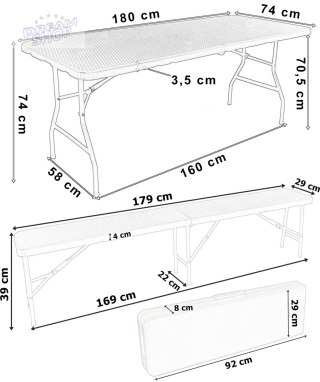 Zestaw cateringowy RATTAN BRĄZ stół 180 cm+ 2 ławki