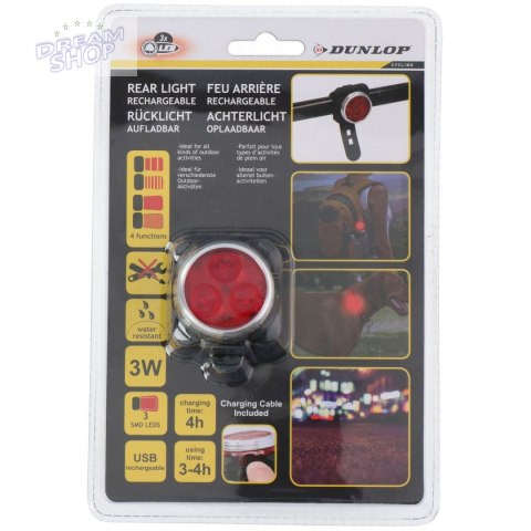 Tylne światło rwerowe 3 LED SMD DUNLOP z ładowaniem USB Tylne światło rwerowe 3 LED SMD DUNLOP z ładowaniem USB