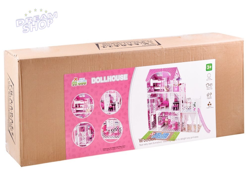 Drewniany domek dla lalek z windą XXL LED zjeżdżalnia basen Drewniany domek dla lalek z windą XXL LED zjeżdżalnia basen