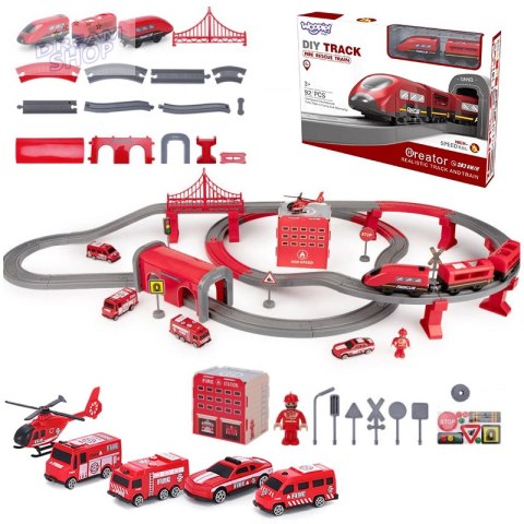 WOOPIE Kolejka Elektryczna Tor Samochodowy Straż Helikopter Auta 92 el.