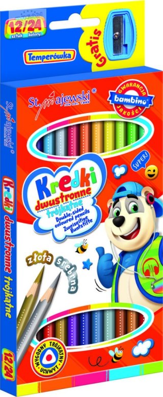 BAMBINO Kredki szkolne trójkątne dwustronne 12/24 kolory + temperówka