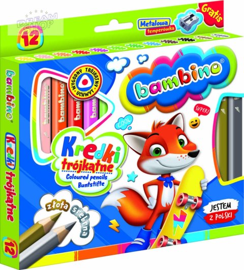 BAMBINO Kredki trójkątne w oprawie drewnianej 12 kolorów + temperówka