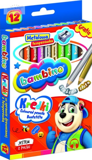BAMBINO Kredki w oprawie drewnianej 12 kolorów + temperówka