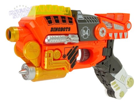 Dinobots 2w1 Dinozaur Pistolet na Strzałki Pomarańczowy Velociraptor Tarcza Dinobots 2w1 Dinozaur Pistolet na Strzałki Pomarańczowy Velociraptor Tarcza