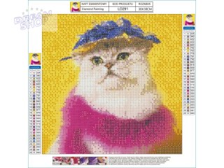 Haft Diamentowy, Obraz, Mozaika Diamentowa Diamond Painting, KOT W KAPELUSZU 30x30cm