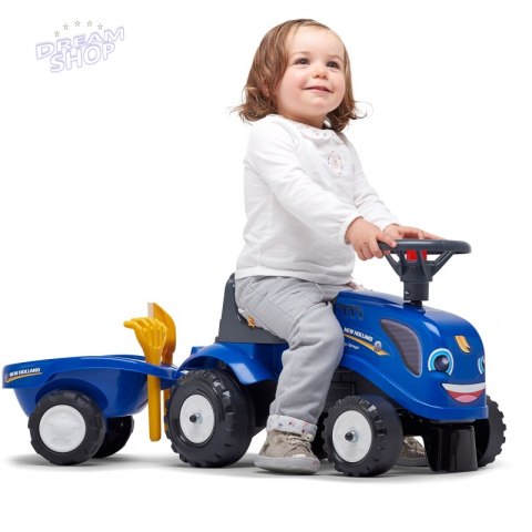 FALK Traktorek Baby New Holland Niebieski z Przyczepką + akc. od 1 roku
