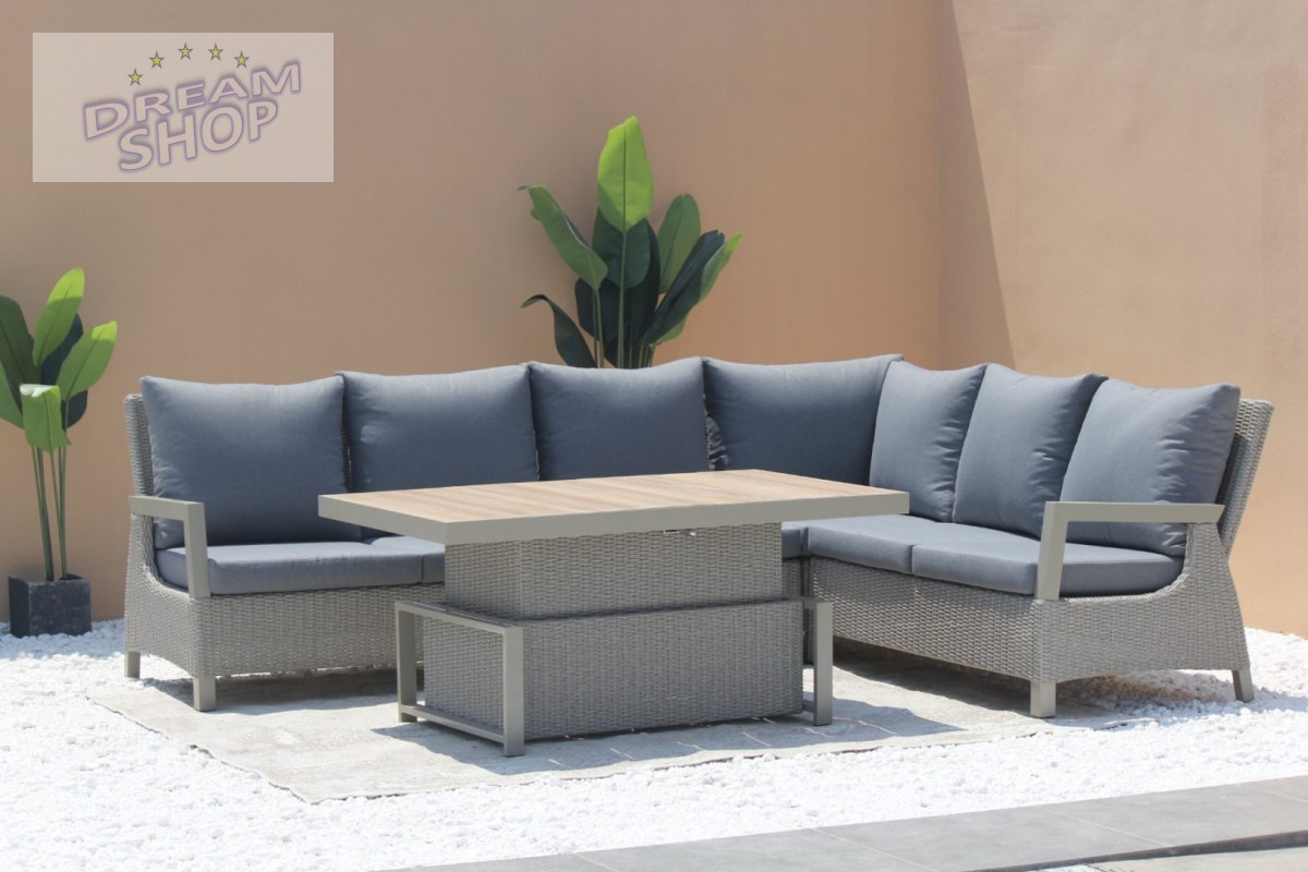 Meble Ogrodowe Rattan Narożniki + Regulowany Stół z Blatem Ceramicznym Beżowy Meble Ogrodowe Rattan Narożniki + Regulowany Stół z Blatem Ceramicznym Beżowy