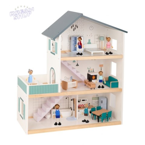 TOOKY TOY Duży Drewniany Domek dla Lalek + Figurki
