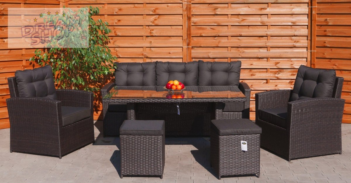 Meble Ogrodowe Rattan Wysoki Stół Pufy Brąz Meble Ogrodowe Rattan Wysoki Stół Pufy Brąz