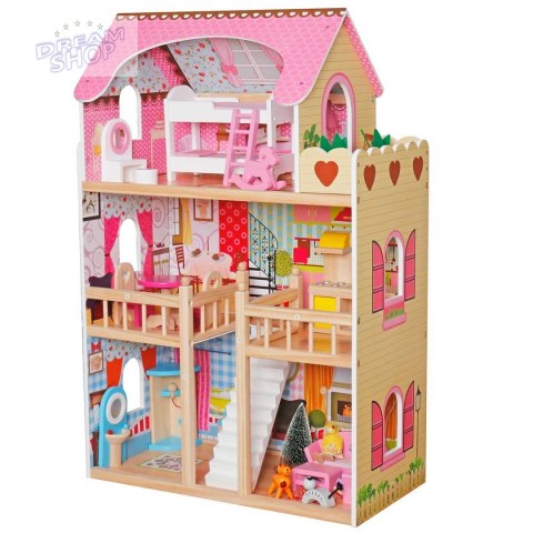 Domek dla lalek drewniany Led XXXL 60x33x90 cm - 3 lalki , kotek i piesek