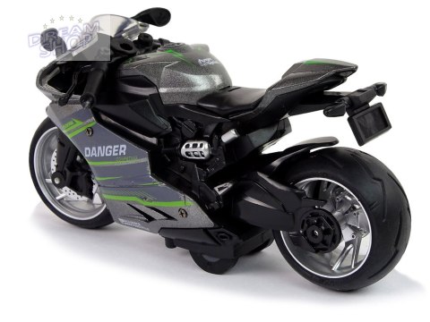 Motocykl Sportowy Szary Zielony Pasy 1:12 Napęd Pull-Back Dźwięk Światła Motocykl Sportowy Szary Zielony Pasy 1:12 Napęd Pull-Back Dźwięk Światła