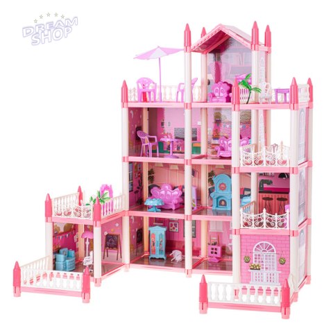 Domek dla lalek willa różowa DIY 4 poziomy mebelki Domek dla lalek willa różowa DIY 4 poziomy mebelki