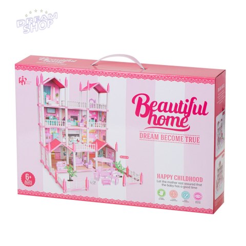 Domek dla lalek willa różowa DIY 4 poziomy mebelki Domek dla lalek willa różowa DIY 4 poziomy mebelki