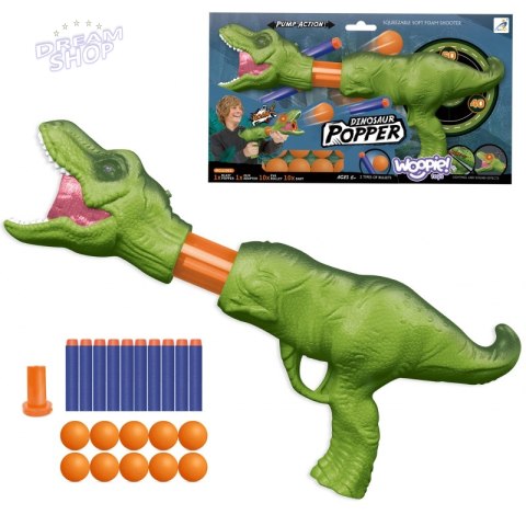 WOOPIE Pistolet na Piłki Kulki Piankowe i Strzałki Wyrzutnia Automatyczna Dinozaur 12 el. WOOPIE Pistolet na Piłki Kulki Piankowe i Strzałki Wyrzutnia Automatyczna Dinozaur 12 el.