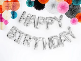Balon foliowy dekoracja urodzinowa Happy Birthday srebrna 340cm x 35cm