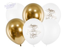 Balony urodzinowe Happy Birthday To You 30cm 6szt złoty biały