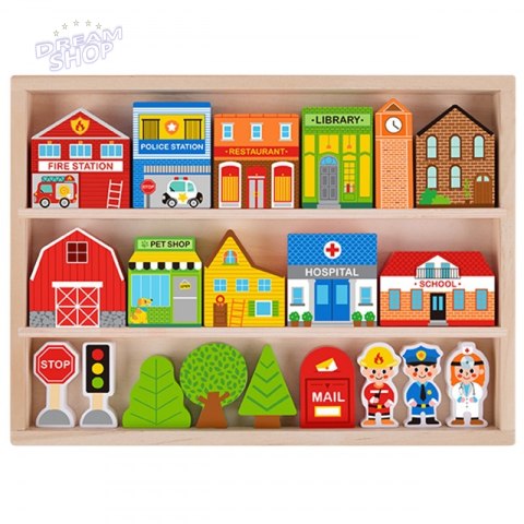 TOOKY TOY Drewniany Zestaw Budynków i Figurek Miasto Policja Szpital Remiza Policjant Doktor Strażak TOOKY TOY Drewniany Zestaw Budynków i Figurek Miasto Policja Szpital Remiza Policjant Doktor Strażak