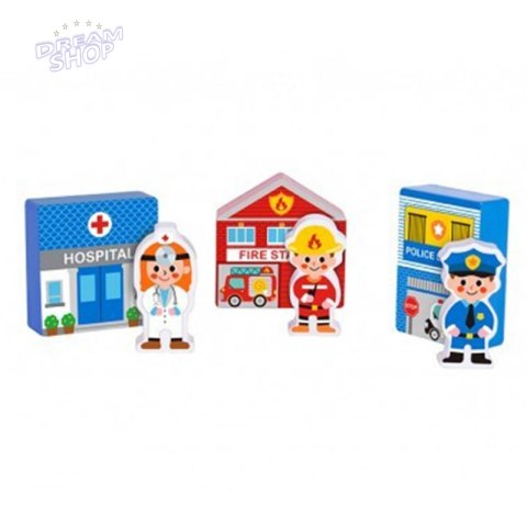 TOOKY TOY Drewniany Zestaw Budynków i Figurek Miasto Policja Szpital Remiza Policjant Doktor Strażak TOOKY TOY Drewniany Zestaw Budynków i Figurek Miasto Policja Szpital Remiza Policjant Doktor Strażak