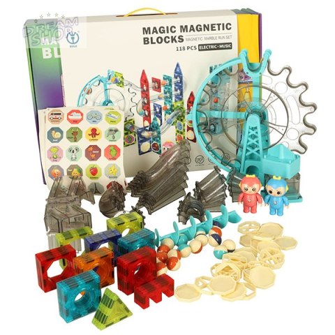 Klocki magnetyczne marble tor kulkowy z dźwiękiem muzyką 118 elementów
