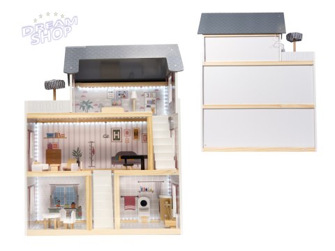 Domek dla lalek MDF drewniany z akcesoriami LED 78cm czarny Domek dla lalek MDF drewniany z akcesoriami LED 78cm czarny