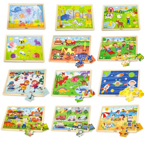 Puzzle drewniane 12 układanek po 24 puzzle na regale Viga Toys Puzzle drewniane 12 układanek po 24 puzzle na regale Viga Toys