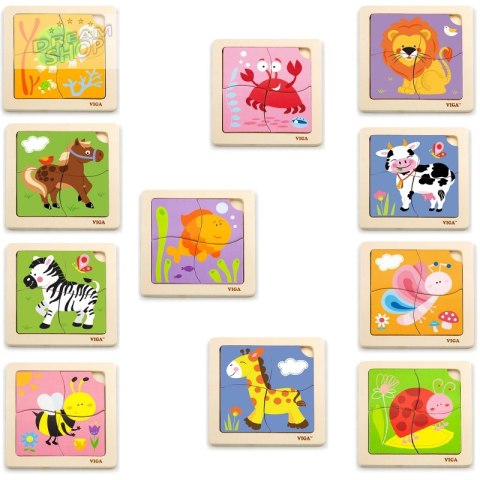 Puzzle drewniane 12 plansz po 4 puzzle w stojaku Viga Toys