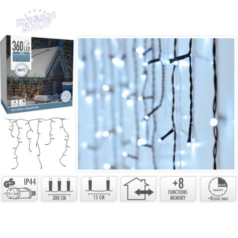 LAMPKI CHOINKOWE KURTYNA ŚWIETLNA ZEW 360 LED STEROWNIK TIMER ZIMNY BIAŁY KABEL TRANSPARENTNY LAMPKI CHOINKOWE KURTYNA ŚWIETLNA ZEW 360 LED STEROWNIK TIMER ZIMNY BIAŁY KABEL TRANSPARENTNY
