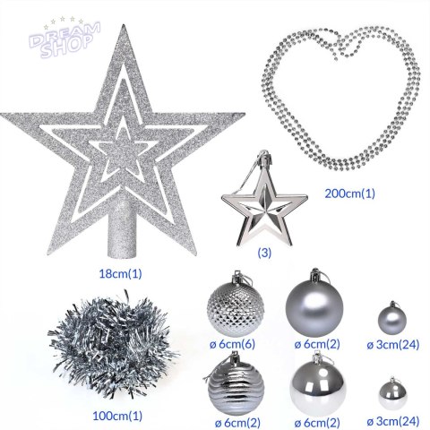 Zestaw bombek choinkowych ESTRELLA SREBRNY 66 sztuk Zestaw bombek choinkowych ESTRELLA SREBRNY 66 sztuk