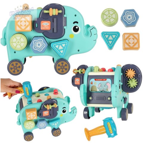 Słonik interaktywny montessori wbijak sorter klocki młotek 26cm Słonik interaktywny montessori wbijak sorter klocki młotek 26cm