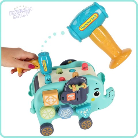 Słonik interaktywny montessori wbijak sorter klocki młotek 26cm Słonik interaktywny montessori wbijak sorter klocki młotek 26cm