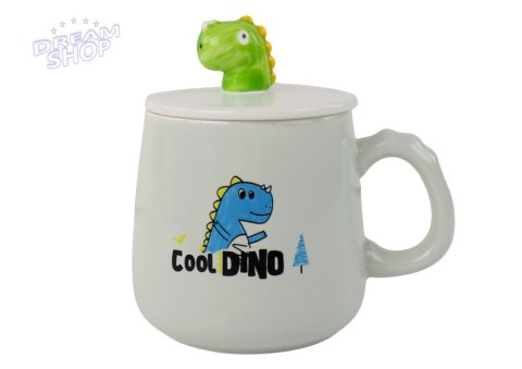 Kubek Ceramiczny Dinozaur Niebieski Przykrywka Łyżeczka 350ml