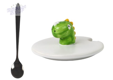 Kubek Ceramiczny Dinozaur Niebieski Przykrywka Łyżeczka 350ml