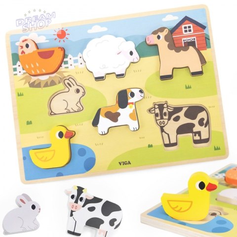 VIGA Drewniane Puzzle Układanka Montessori 2w1 Figurki Farma