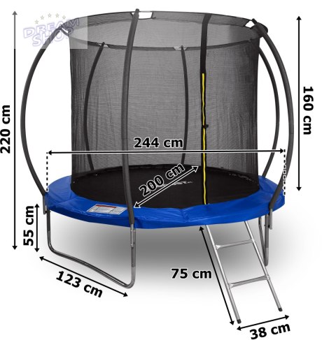 Trampolina z siatką i drabinką HENZEN 244 cm niebieska Trampolina z siatką i drabinką HENZEN 244 cm niebieska