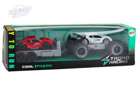 Zestaw Białe Auto Terenowe Czerwone Auto Sportowe Laweta Zestaw Białe Auto Terenowe Czerwone Auto Sportowe Laweta