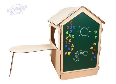 Domek drewniany dla dzieci z tablicą kredową i stolikiem 86 x 137 x 105 cm Domek drewniany dla dzieci z tablicą kredową i stolikiem 86 x 137 x 105 cm