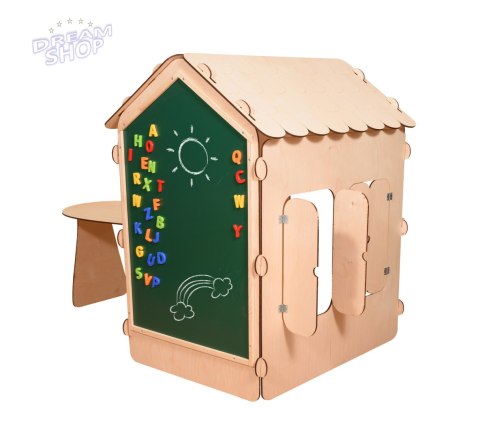 Domek drewniany dla dzieci z tablicą kredową i stolikiem 86 x 137 x 105 cm Domek drewniany dla dzieci z tablicą kredową i stolikiem 86 x 137 x 105 cm