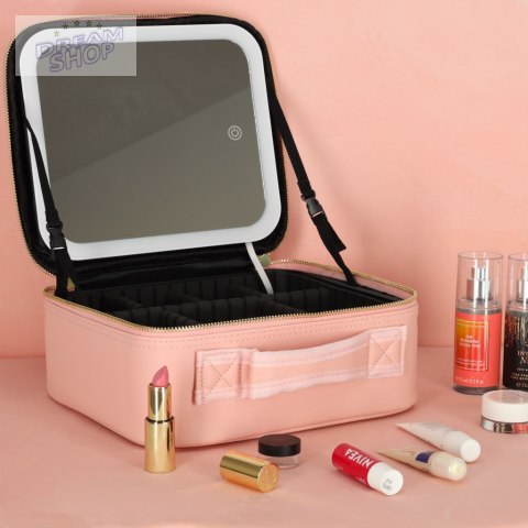 Kosmetyczka organizer na kosmetyki biżuterię kuferek z lusterkiem 10-krotne powiększenie różowy Kosmetyczka organizer na kosmetyki biżuterię kuferek z lusterkiem 10-krotne powiększenie różowy