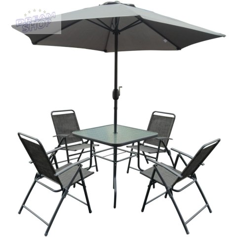 ZESTAW MEBLI OGRODOWYCH SYDNEY STÓŁ 4 KRZESŁA I PARASOL SZARY ZESTAW MEBLI OGRODOWYCH SYDNEY STÓŁ 4 KRZESŁA I PARASOL SZARY
