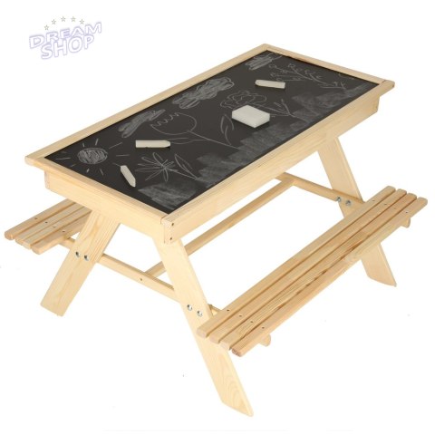 Meble ogrodowe dla dzieci stolik + 2 ławki piaskownica tablica kredowa schowek 93 x 78 x 68 cm Meble ogrodowe dla dzieci stolik + 2 ławki piaskownica tablica kredowa schowek 93 x 78 x 68 cm