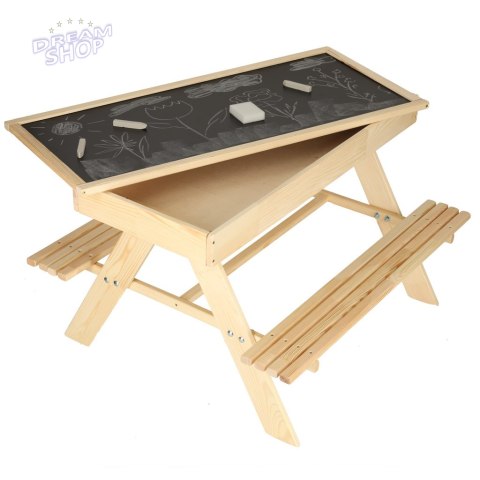 Meble ogrodowe dla dzieci stolik + 2 ławki piaskownica tablica kredowa schowek 93 x 78 x 68 cm Meble ogrodowe dla dzieci stolik + 2 ławki piaskownica tablica kredowa schowek 93 x 78 x 68 cm