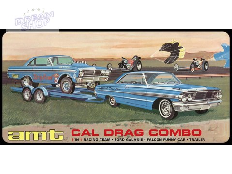 Model Plastikowy - Zestaw 3w1 Samochód + Samochód + Naczepa 1:25 Cal Drag Combo 1964 Galaxie, AWB Falcon & Trailer