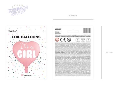 Balon foliowy "It's a girl" na baby shower serce różowe 48cm Balon foliowy "It's a girl" na baby shower serce różowe 48cm