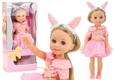 Lalka Różowa Sukienka Długie Włosy Opaska Szczotka 38cm