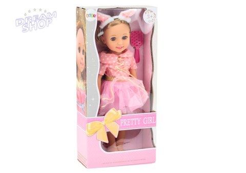 Lalka Różowa Sukienka Długie Włosy Opaska Szczotka 38cm