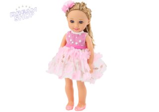 Lalka Różowa Sukienka Długie Włosy Spinka Szczotka 38cm