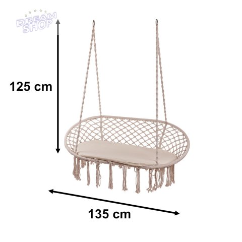 Huśtawka bocianie gniazdo podwójne dwuosobowe z frędzlami beż + poduszka 240kg