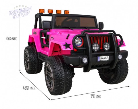 Auto terenowe typu jeep Monster 4x4 dla dzieci Różowy + Pilot + Regulacja siedzenia + Wolny Start + MP3 LED + Bagażnik + Plecak Auto terenowe typu jeep Monster 4x4 dla dzieci Różowy + Pilot + Regulacja siedzenia + Wolny Start + MP3 LED + Bagażnik + Plecak